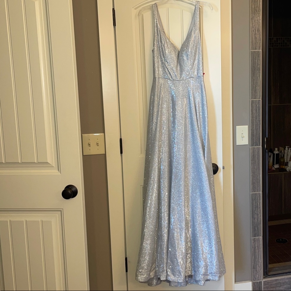 B Darlin Silver Sequin Gown